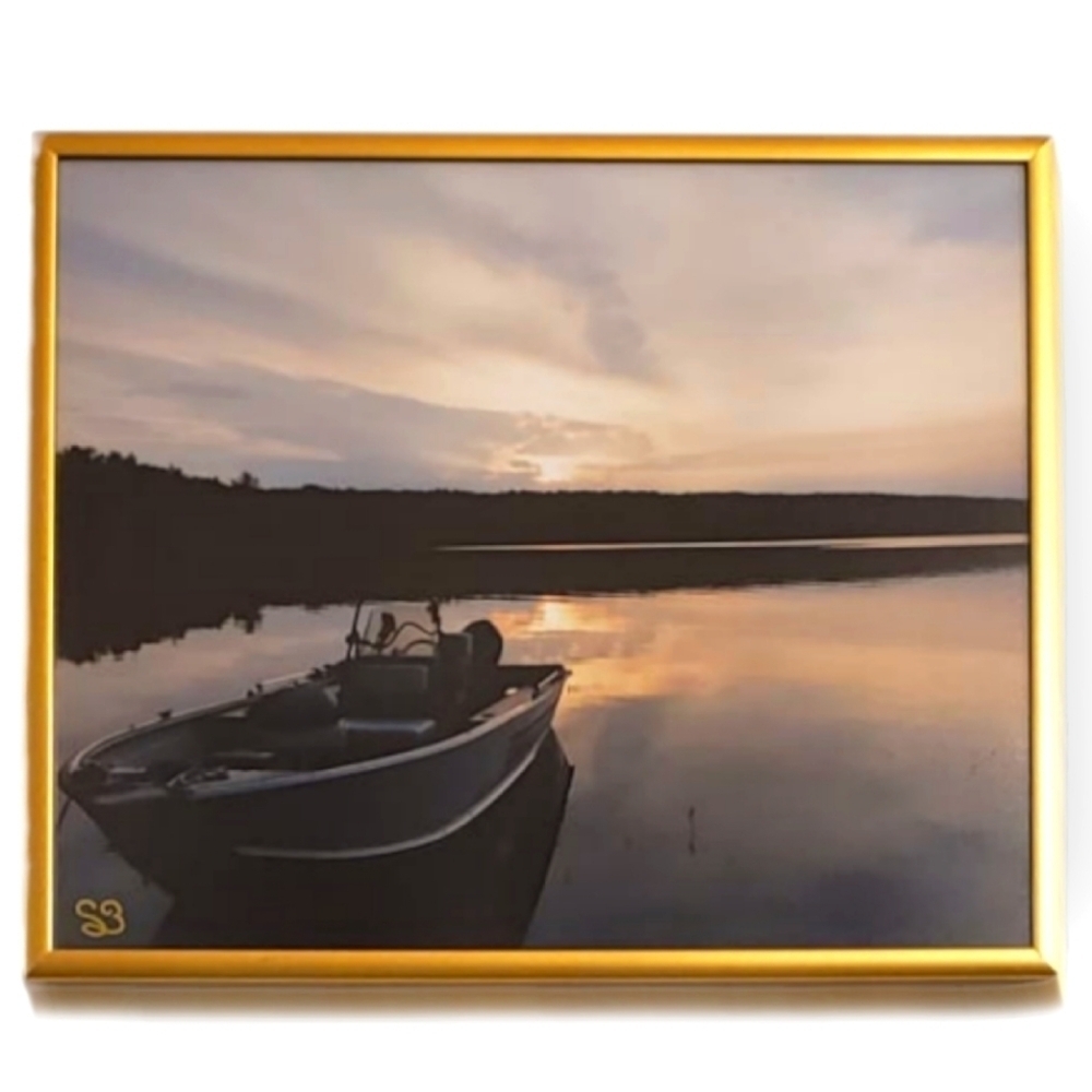 Original Art Photography Boat in Sunset Vintage Frame